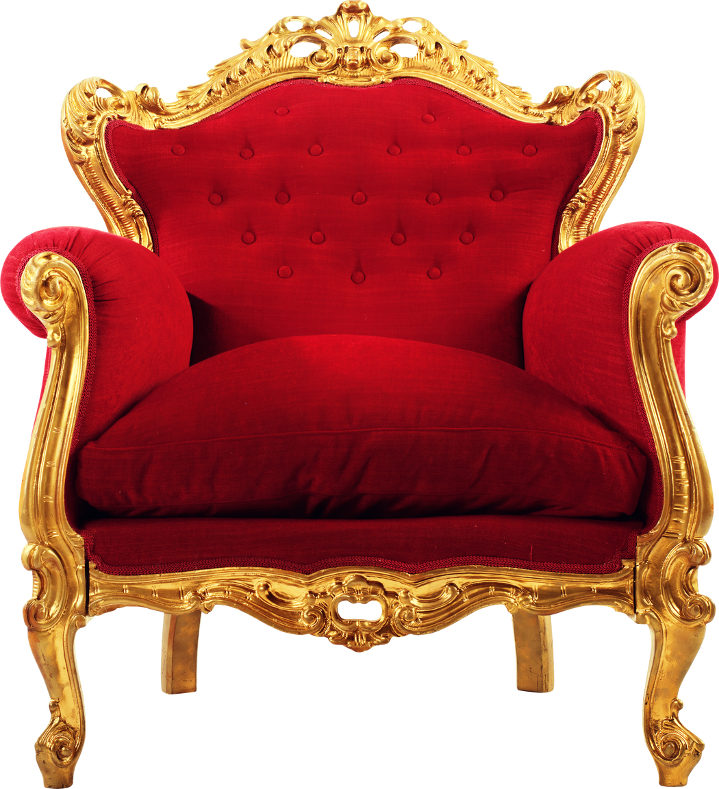 Comfortable and elegant golden armchair with red velvet cushions